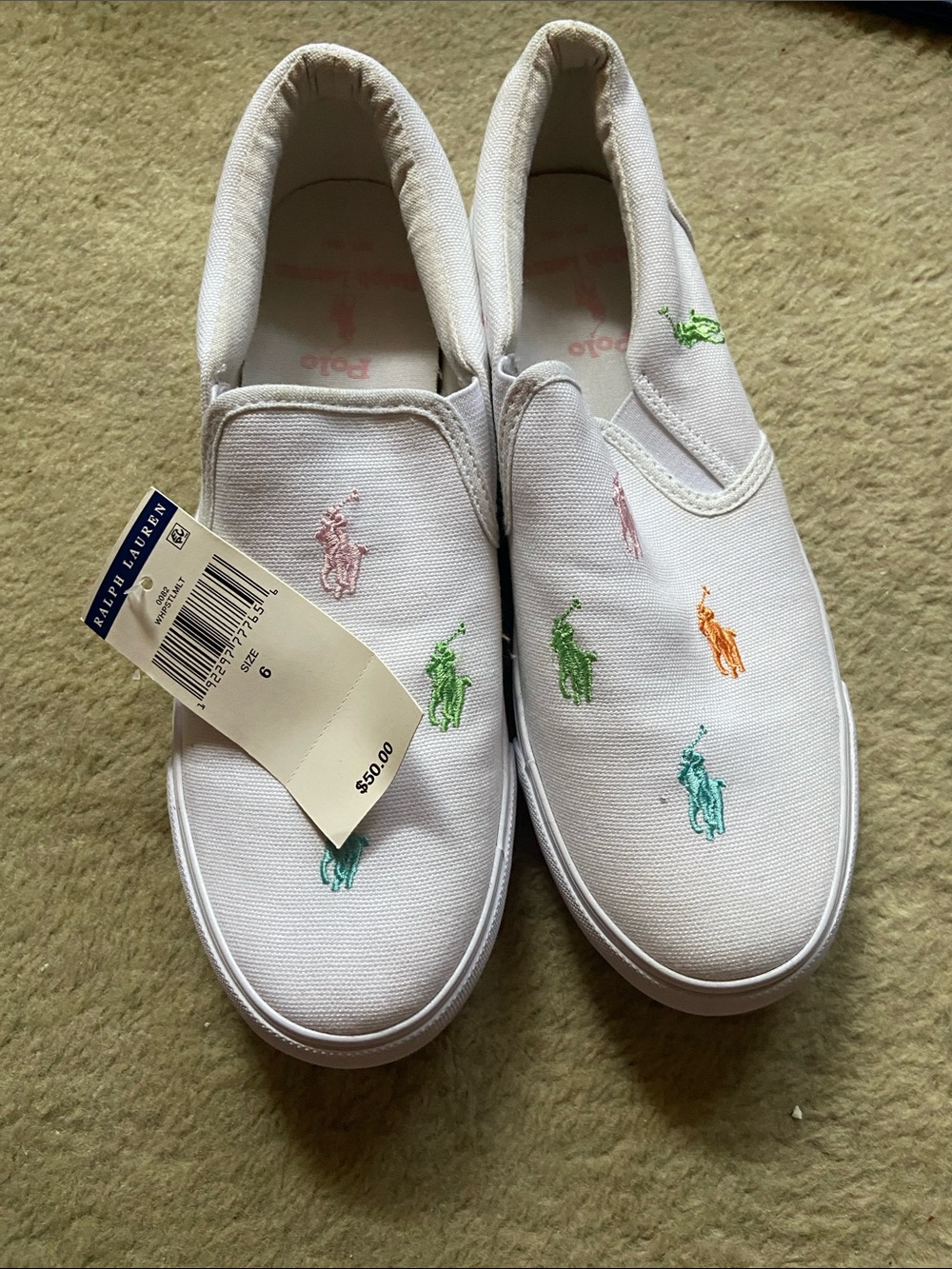 Ralph Lauren White Canvas Slip-On Sneakers with Multicolor Pony Embroidery